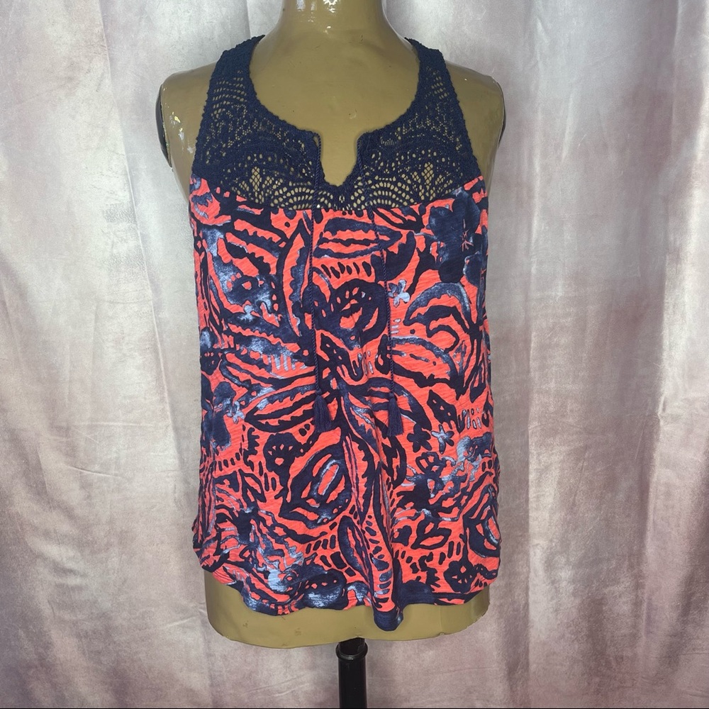 Lucky Brand Coral & Blue Batik Print Tassel Tie Racerback Crochet Top Size M